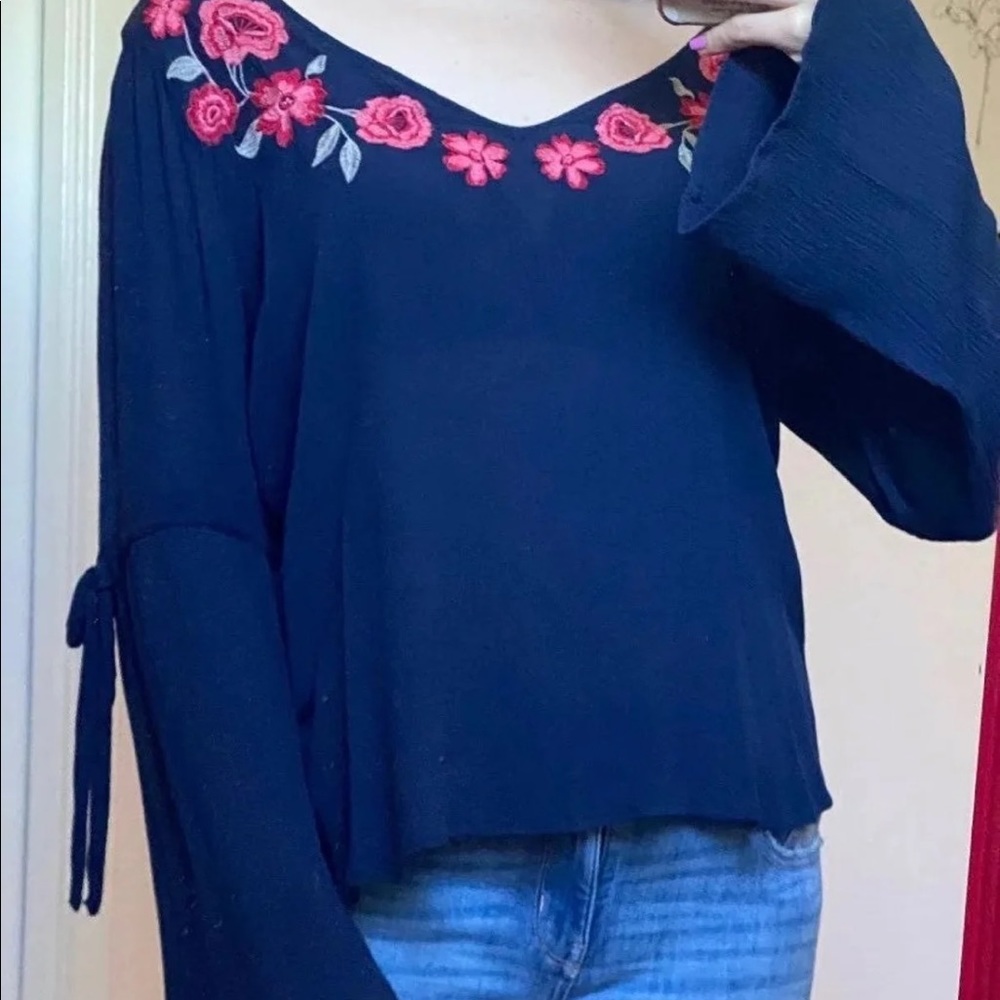 Hollister Blue Floral Embroidered Long Sleeve Top